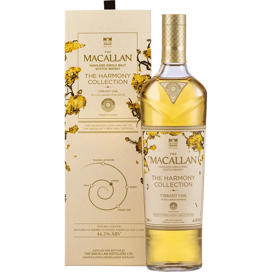 Macallan whisky bottle and box with 'The Harmony Collection' label on a white background