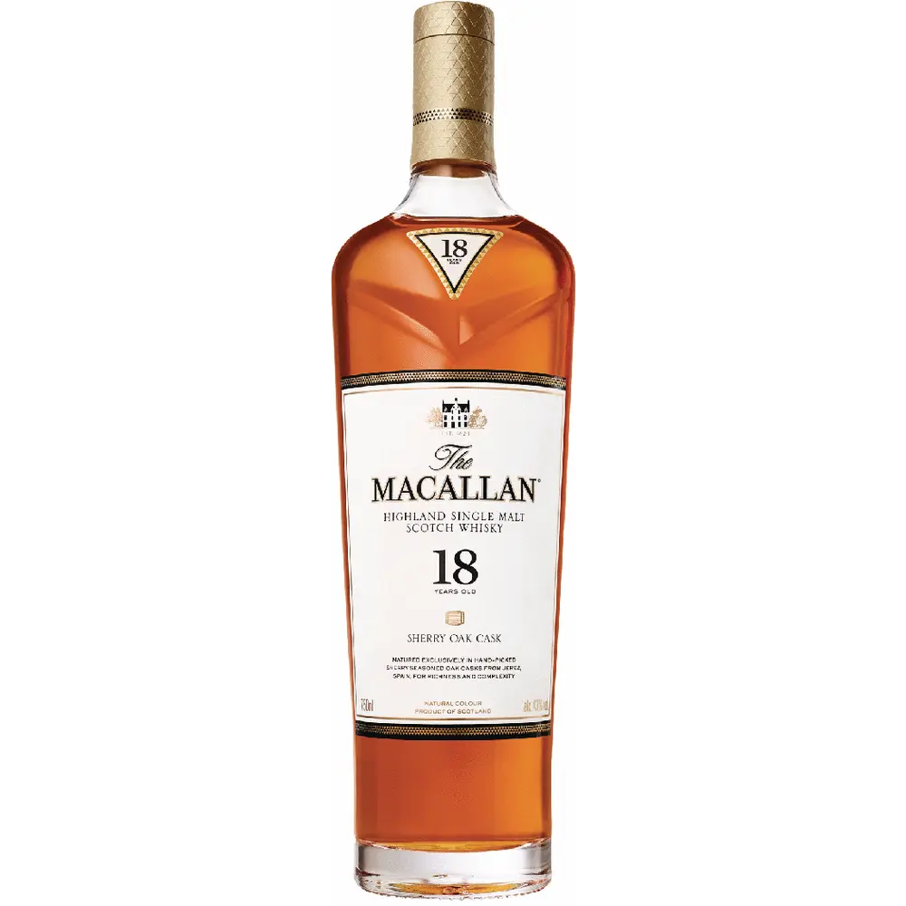 The Macallan 18-year-old whisky bottle on a white background