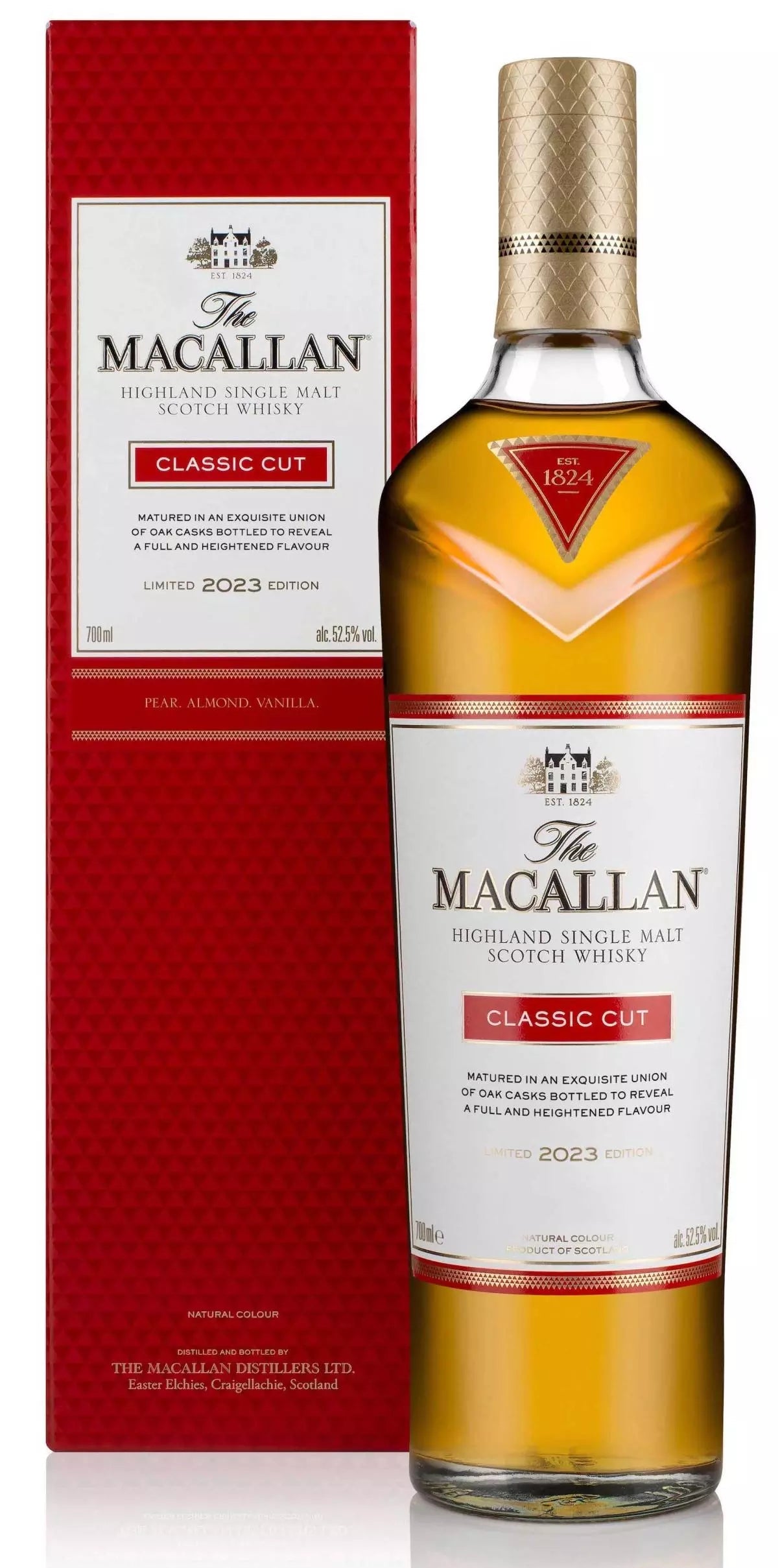 The Macallan whisky bottle with red box on a white background