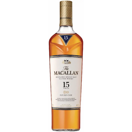 Macallan 15-year-old whisky bottle on a white background