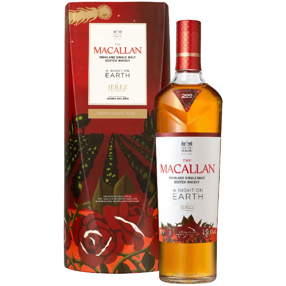 Macallan whisky bottle and packaging on a white background