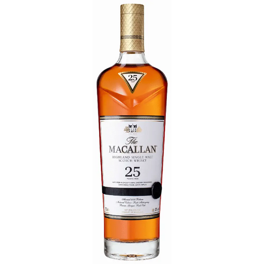 Macallan 25-year-old whisky bottle on a white background