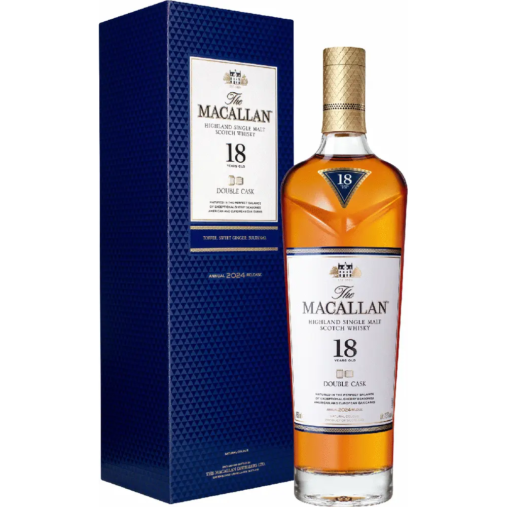 The Macallan 18-year-old whisky bottle and box on a white background