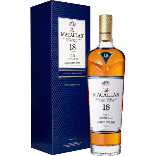 The Macallan 18-year-old whisky bottle and box on a white background