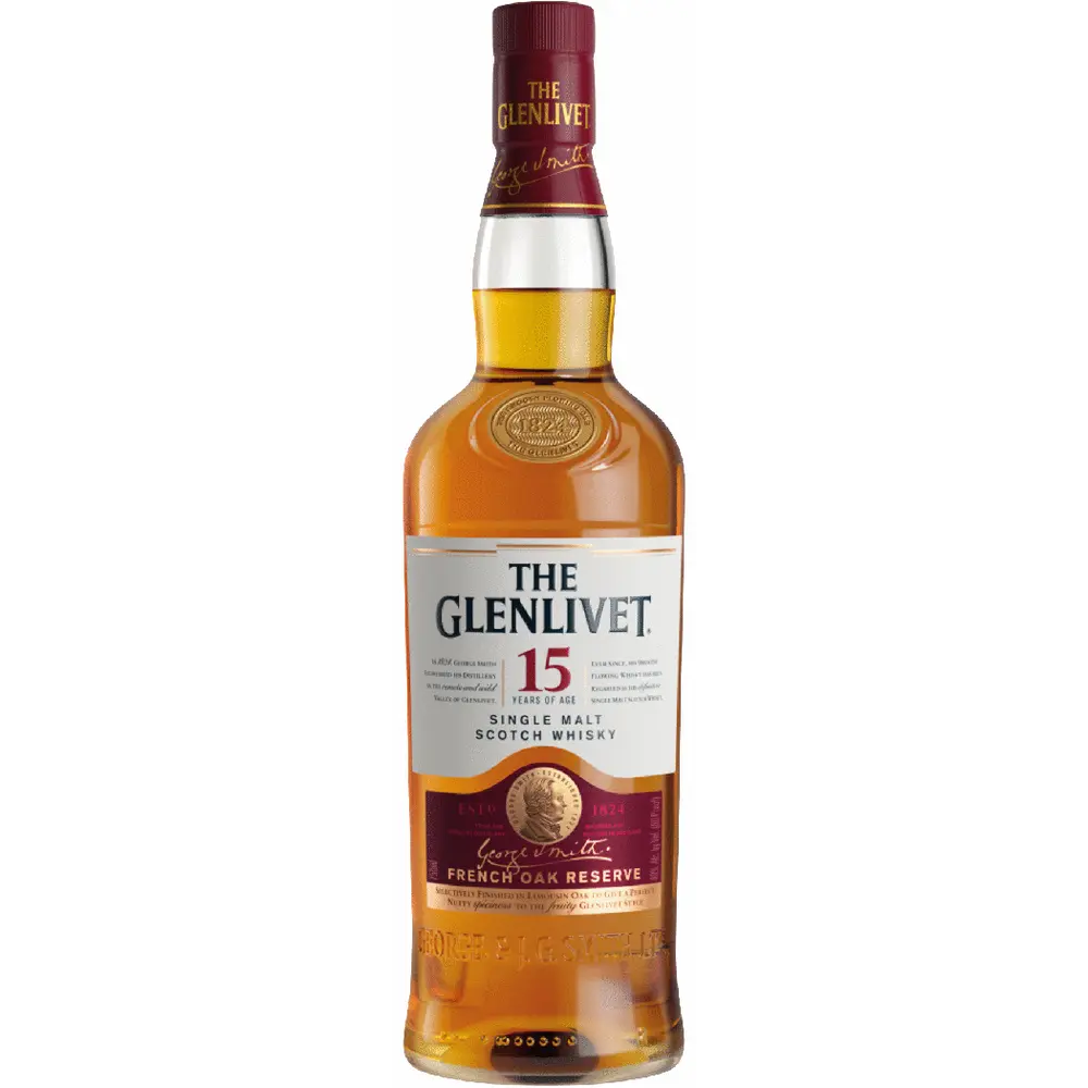 The Glenlivet 15-year-old single malt Scotch whisky bottle on a white background