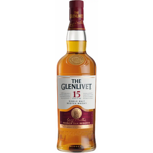The Glenlivet 15-year-old single malt Scotch whisky bottle on a white background