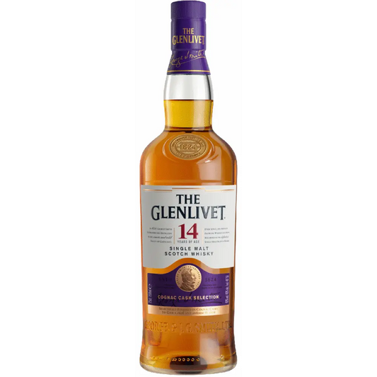 The Glenlivet 14-year-old single malt Scotch whisky bottle on a white background