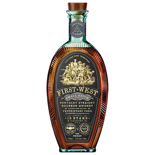 Bottle of First West Kentucky Straight Bourbon Whiskey on a white background