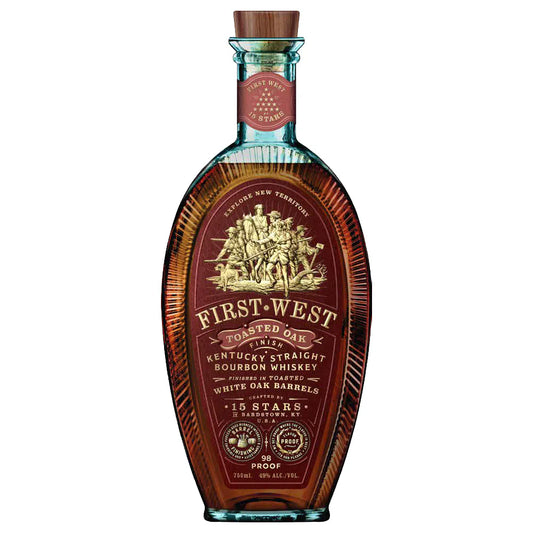 Bottle of First West Toasted Oak finish bourbon whiskey on a white background