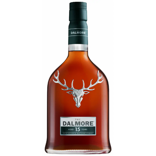 Dalmore whisky bottle with deer emblem on a white background