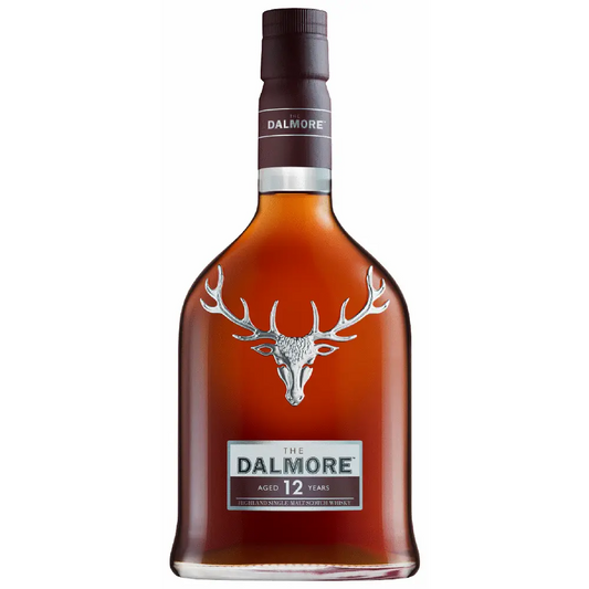 Dalmore 12 yr whisky bottle with stag logo on a white background
