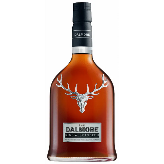 Dalmore King Alexander whisky bottle with stag logo on a white background