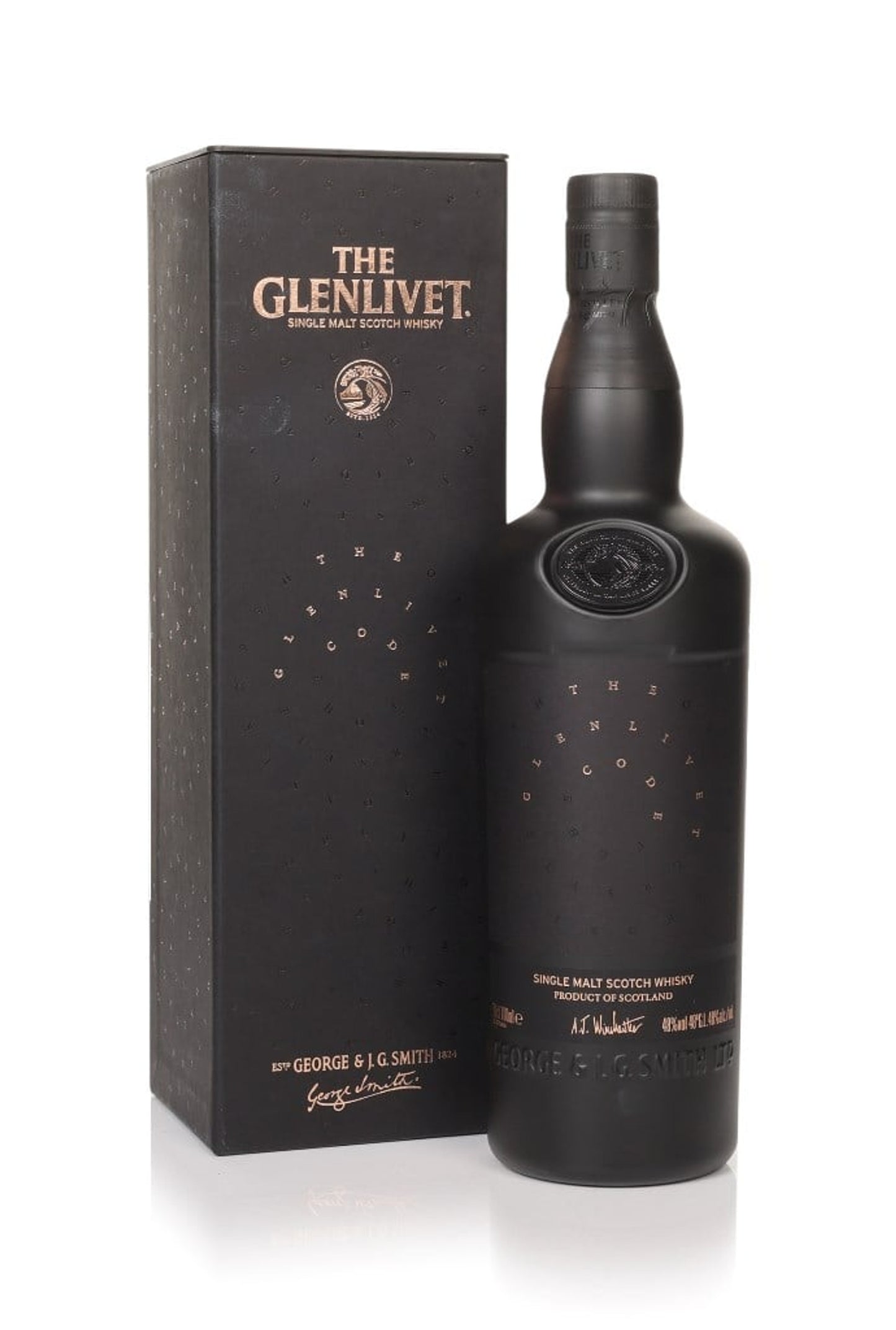 Black Glenlivet bottle and packaging on a white background