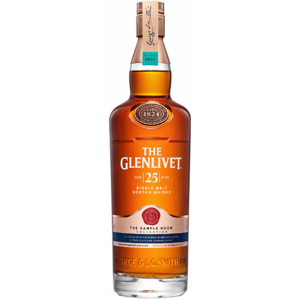 The Glenlivet 25-year-old single malt Scotch whisky bottle on a white background