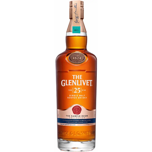 The Glenlivet 25-year-old single malt Scotch whisky bottle on a white background