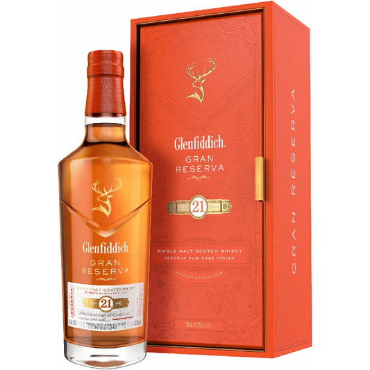 Glenfiddich Gran Reserva 21-year-old whisky bottle and box on a white background