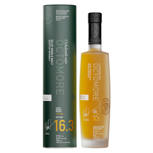 Octomore whisky bottle and packaging on a white background