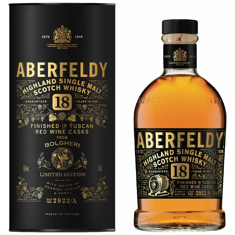 Aberfeldy 18-year-old Highland Single Malt Scotch Whisky bottle and packaging on a white background