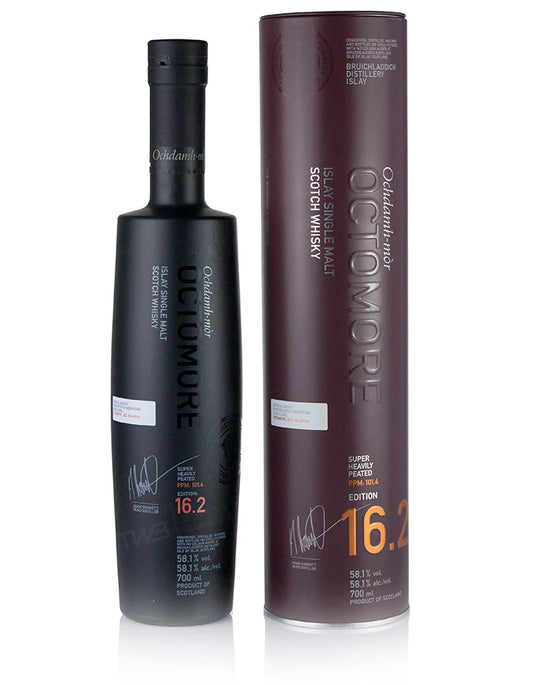 Octomore whisky bottle and packaging on a white background