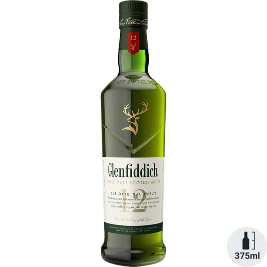 Glenfiddich 12-year-old whisky bottle on a white background