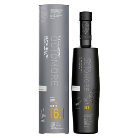 Octomore whisky bottle and packaging on a white background