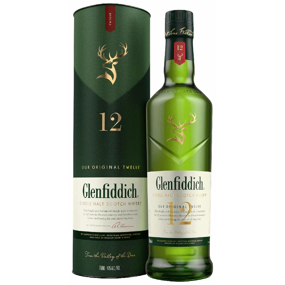 Glenfiddich 12-year-old whisky bottle and packaging on a white background
