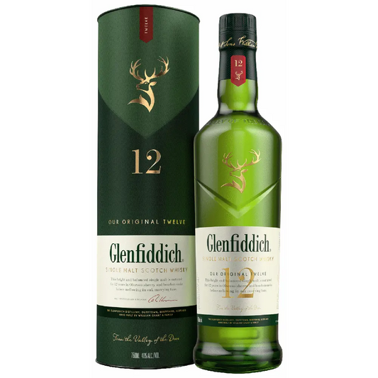 Glenfiddich 12-year-old whisky bottle and packaging on a white background