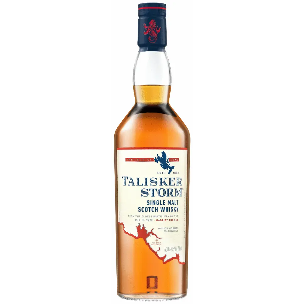 Bottle of Talisker Storm Single Malt Scotch Whisky on a white background