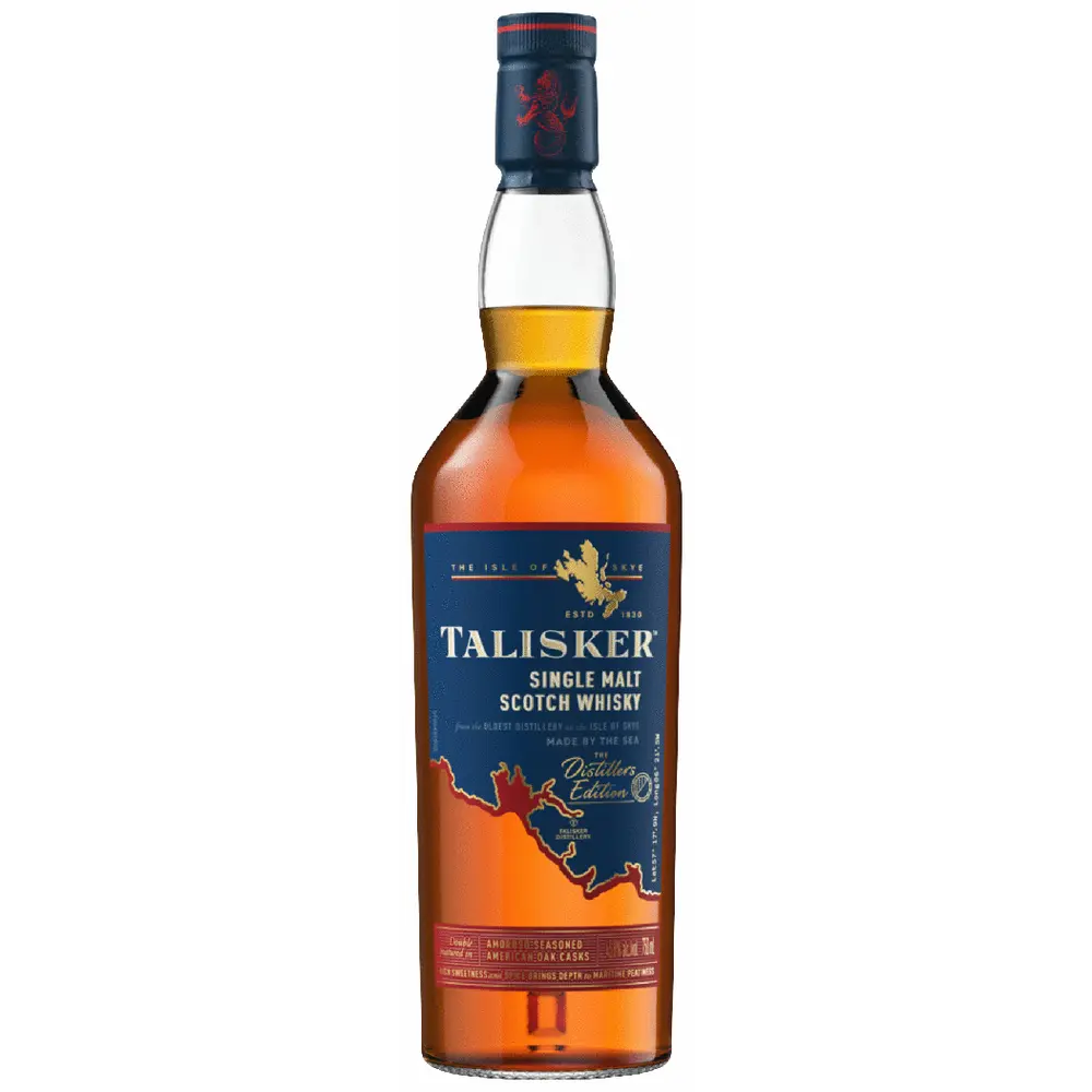 Bottle of Talisker single malt Scotch whisky on a white background
