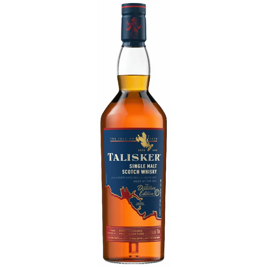 Bottle of Talisker single malt Scotch whisky on a white background