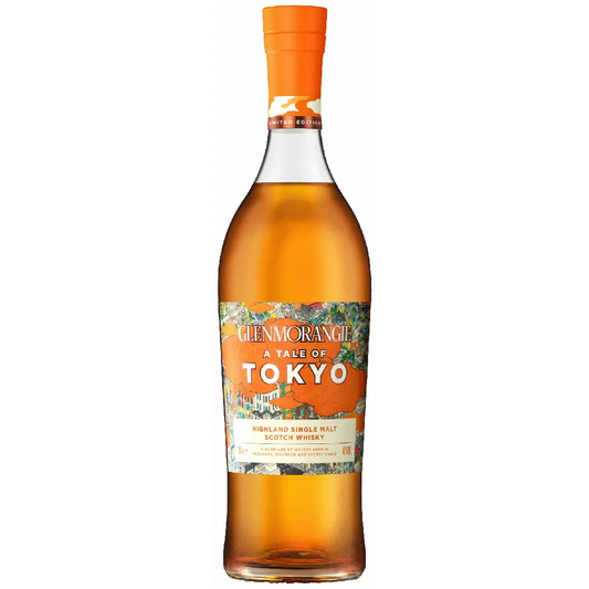 Bottle of Glenmorangie whisky with 'A Tale of Tokyo' label on a white background