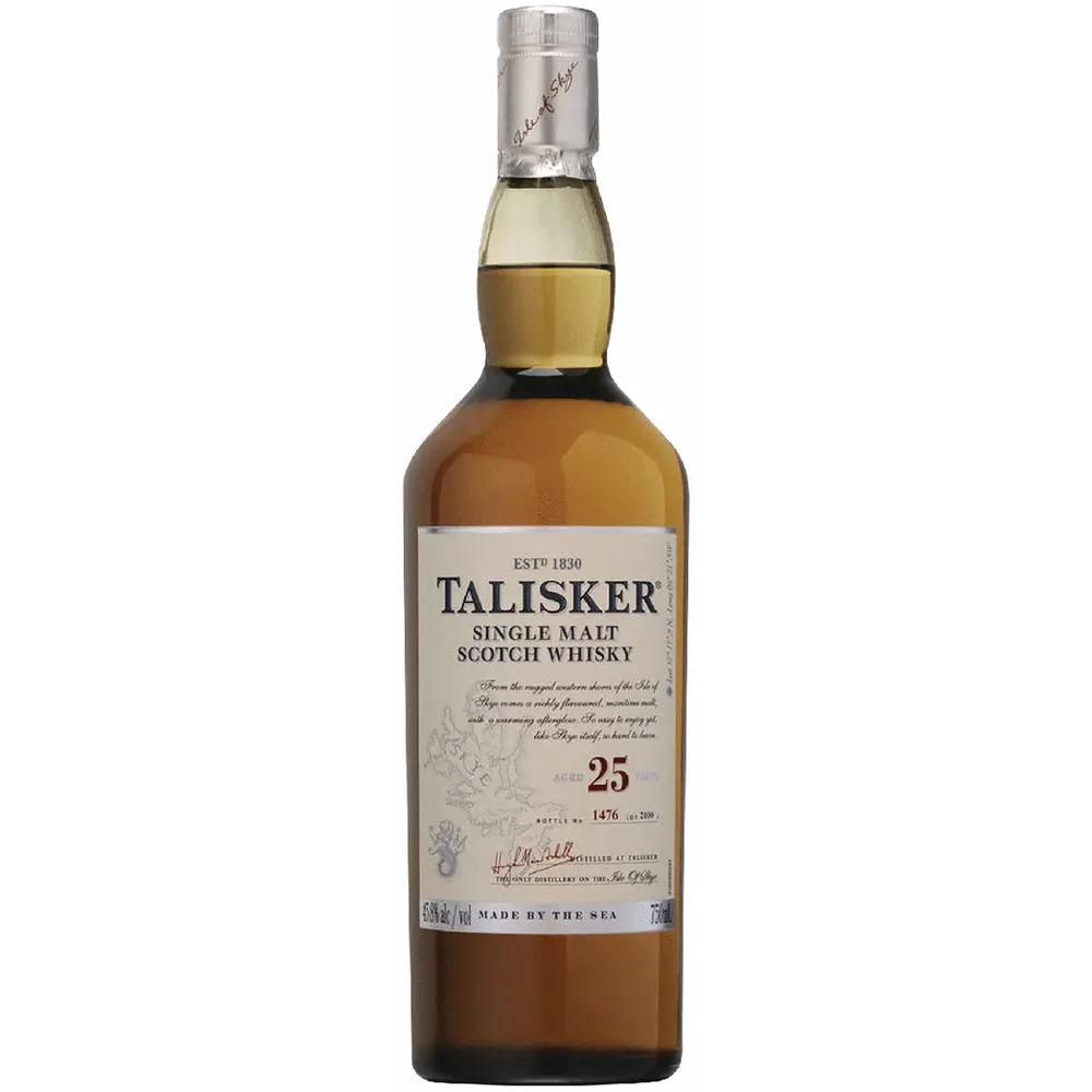 Talisker single malt Scotch whisky bottle on a white background