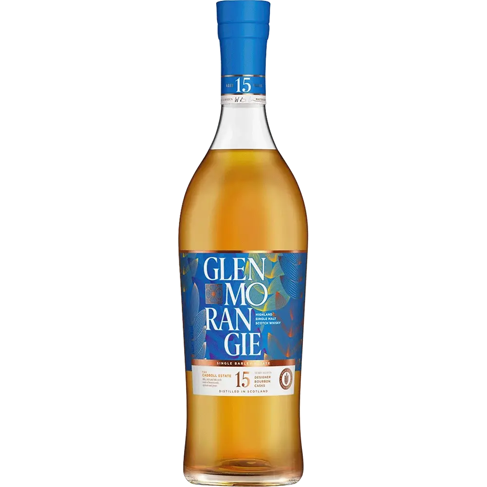 Glenmorangie whisky bottle with blue label on a white background