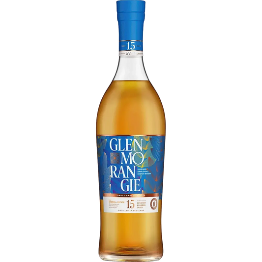 Glenmorangie whisky bottle with blue label on a white background