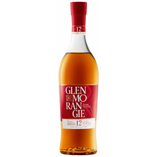 Glen Morangie whisky bottle with red label on a white background