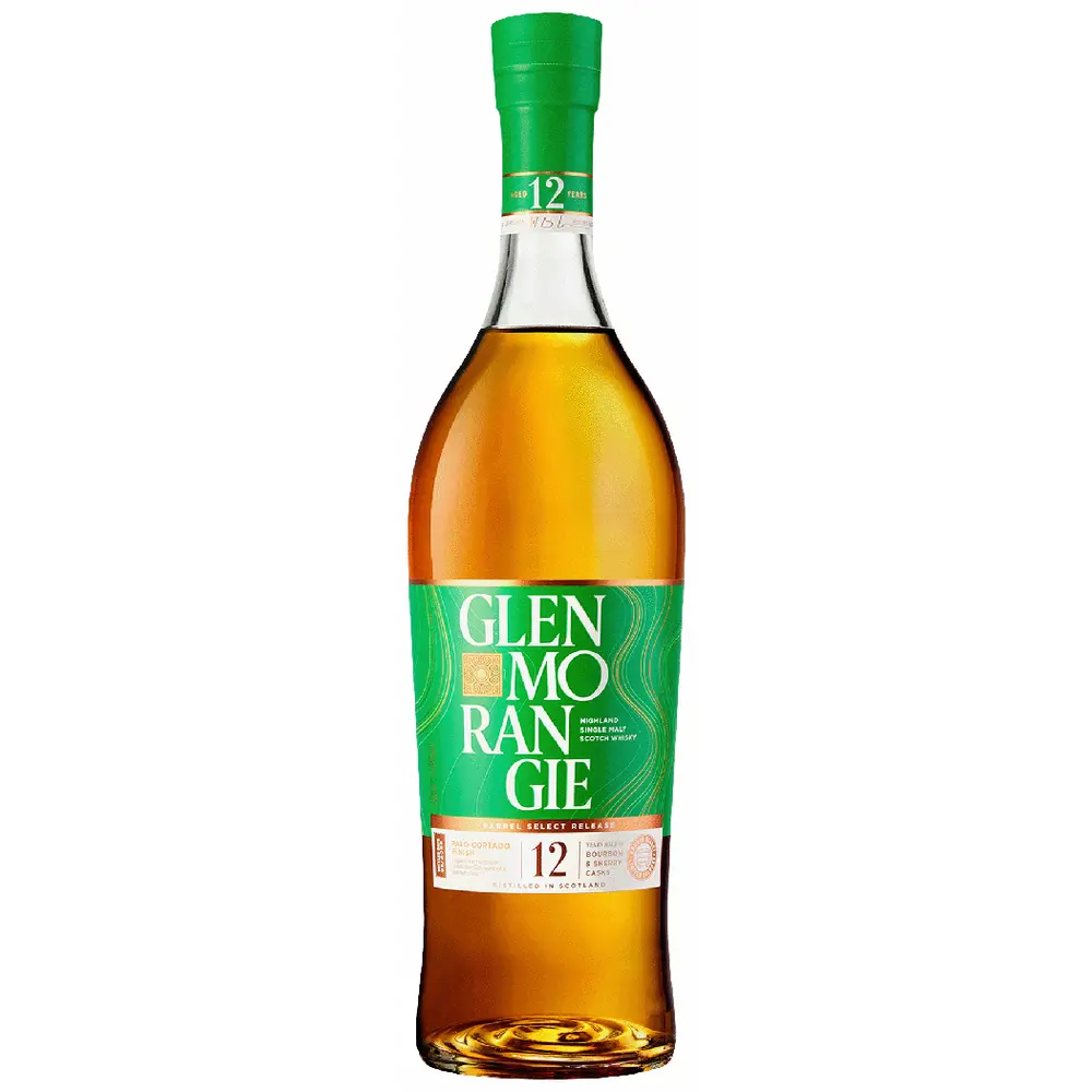 Glenmorangie whisky bottle with green label on a white background