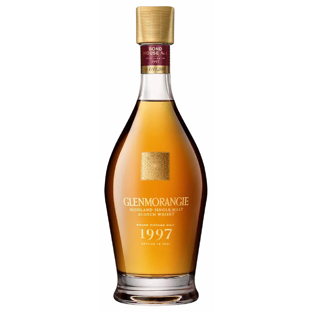 Glenmorangie whisky bottle with gold cap on a white background