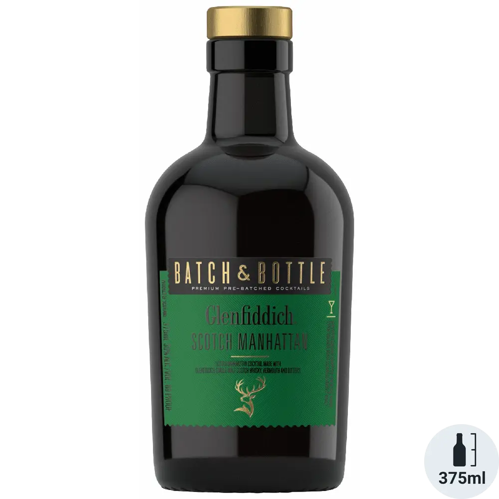 Bottle of Glenfiddich Scotch Manhattan cocktail mix with Batch & Bottle label on a white background