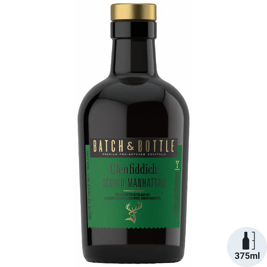 Bottle of Glenfiddich Scotch Manhattan cocktail mix with Batch & Bottle label on a white background