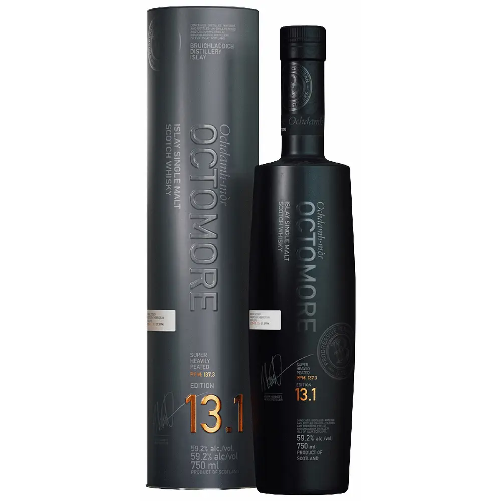 Octomore bottle and packaging on a white background