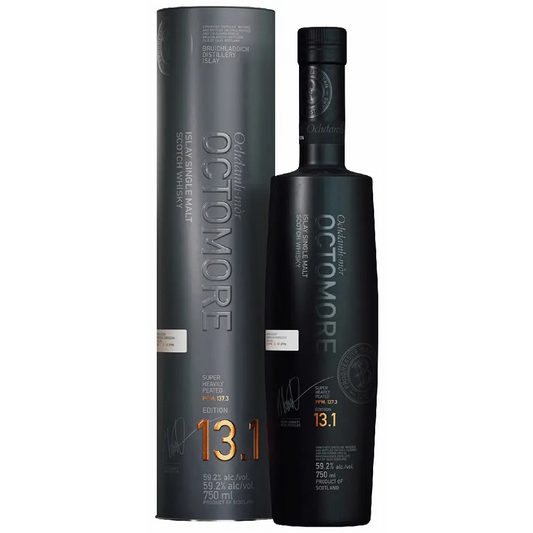Octomore bottle and packaging on a white background