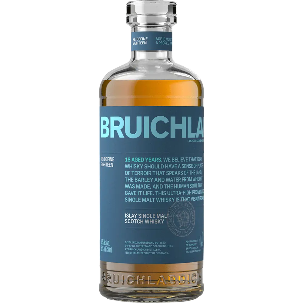 Bruichladdich whisky bottle with blue label on a white background