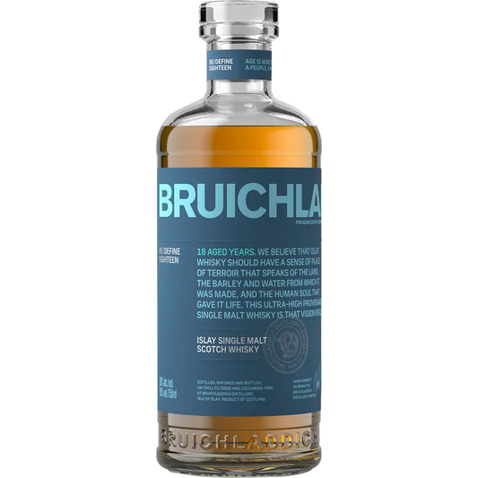 Bruichladdich whisky bottle with blue label on a white background