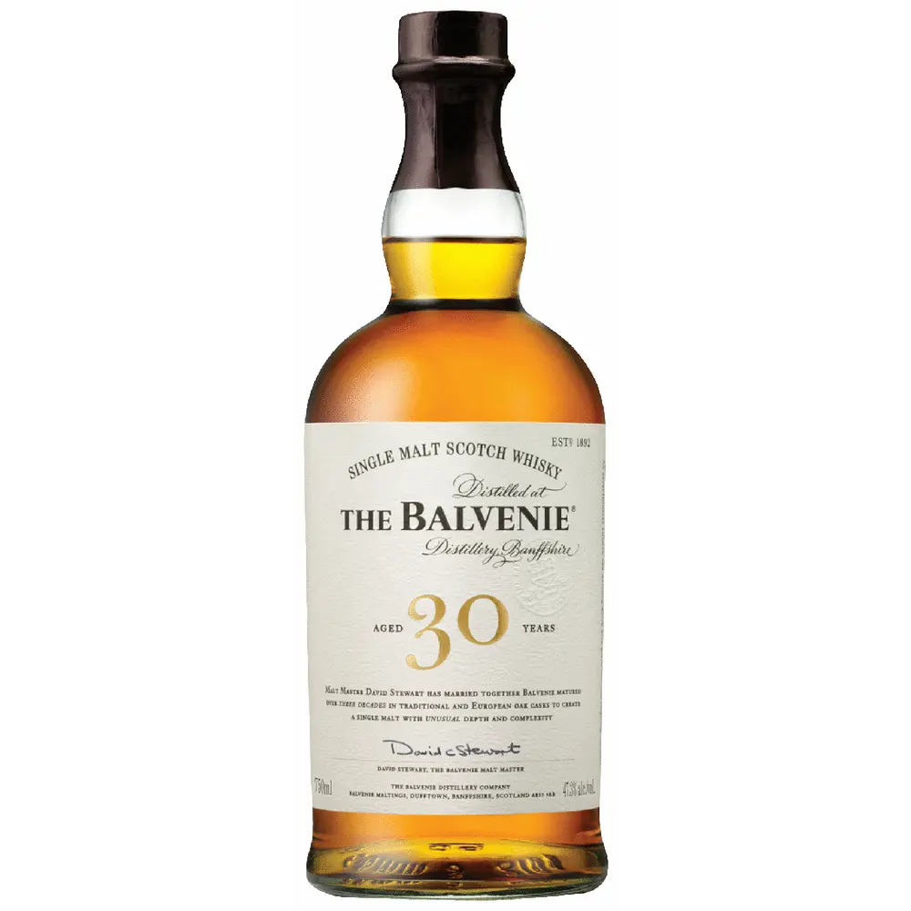 Balvenie 30-year-old single malt Scotch whisky bottle on a white background