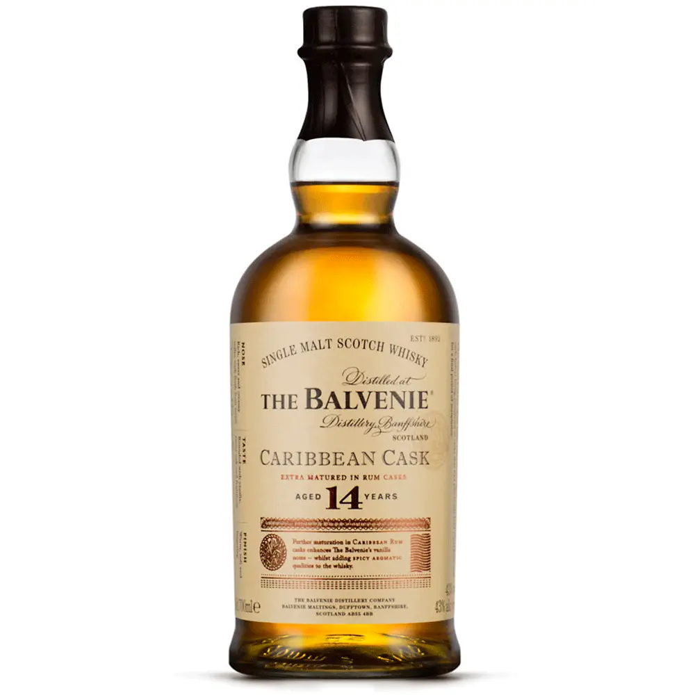 Balvenie Caribbean Cask whisky bottle on a white background