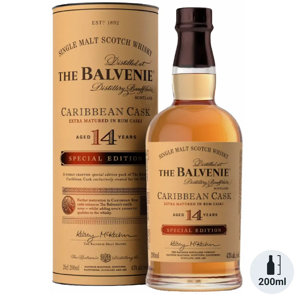 The Balvenie Caribbean Cask whisky bottle and packaging on a white background