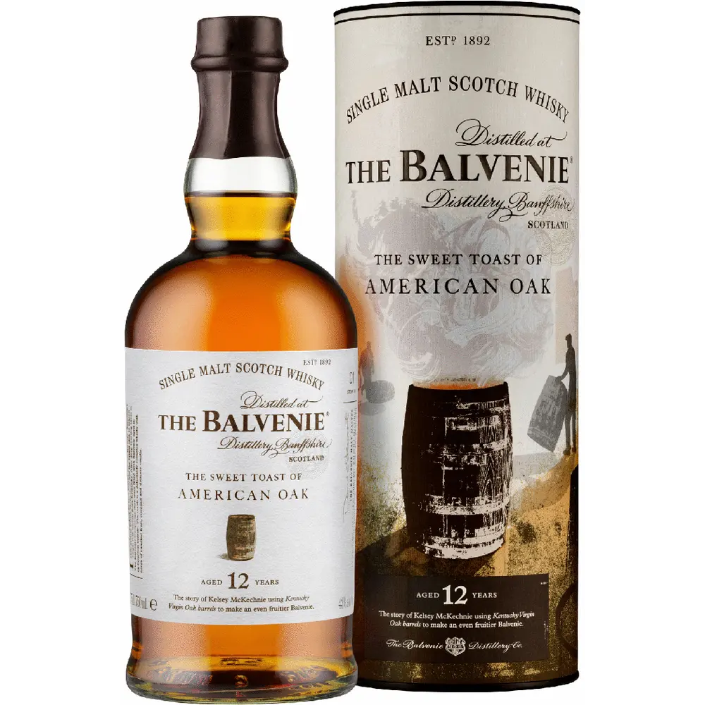 Balvenie whisky bottle and packaging on a white background