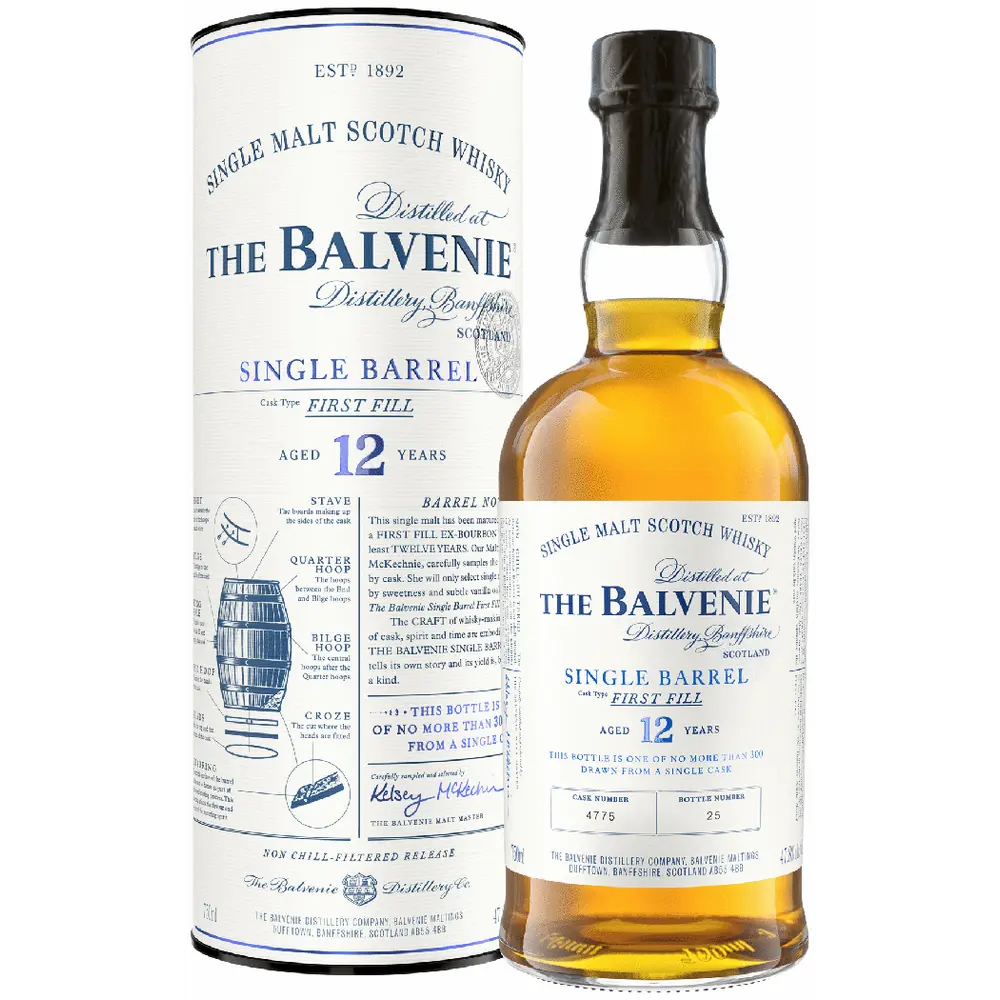 Balvenie whisky bottle and label on a white background