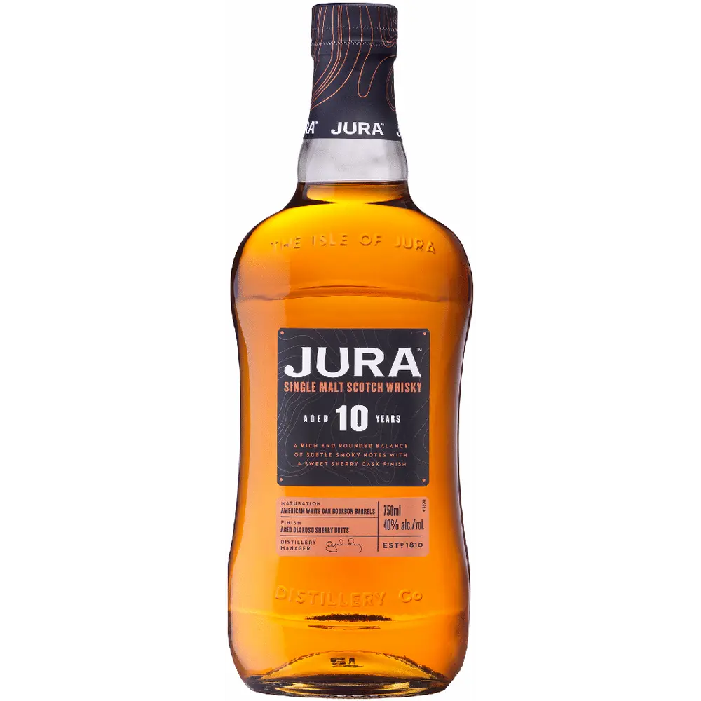 Jura single malt Scotch whisky bottle on a white background