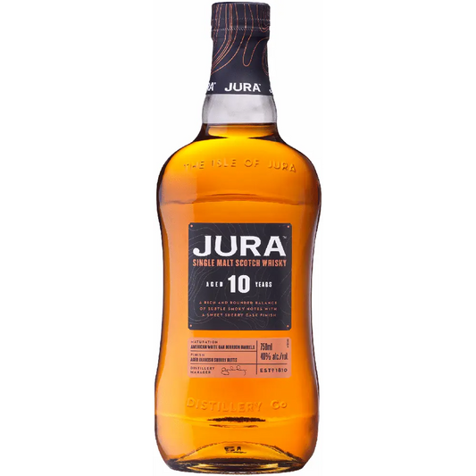 Jura single malt Scotch whisky bottle on a white background